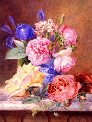 Photo of "A STILL LIFE WITH ROSES, IRIS AND CARNATION" by  ANONYMOUS