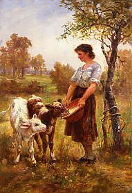 Photo of "YOUNG GIRL FEEDING CALVES" by FREDERICK MORGAN